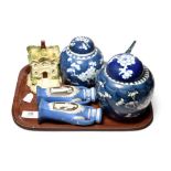Two Chinese ginger jars and covers, a Chinese blue and white boat, a Staffordshire pastille