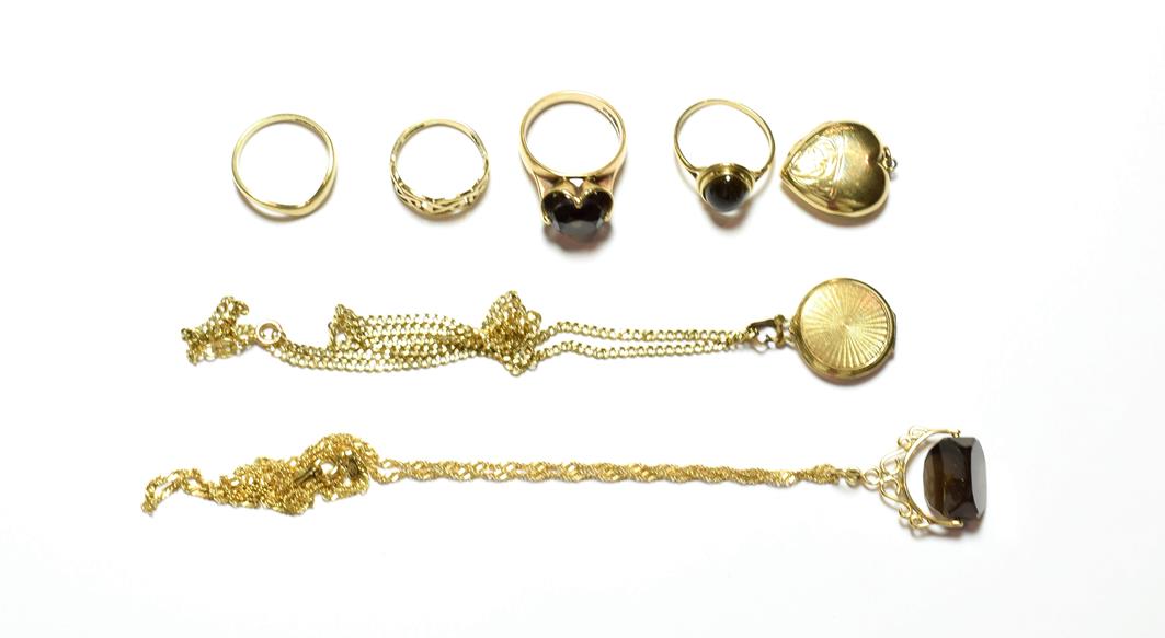 A collection of jewellery including two 9 carat gold rings, finger sizes J and L; two 9 carat gold