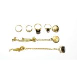A collection of jewellery including two 9 carat gold rings, finger sizes J and L; two 9 carat gold