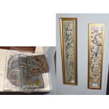 Two Chinese embroidered silk panels in glazed frames and a small collection of stained glass