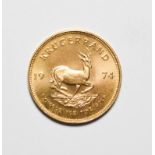 South Africa, 1974 Krugerrand. 1 oz. fine gold (.999). Obv: Bust of Paul Kruger left. Rev: