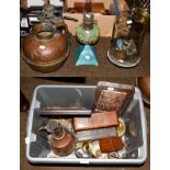 A selection of copper and brass ware including a copper jug, horse brasses, copper adam and eve