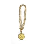 An 1880 Melbourne, Australia sovereign loose mounted as a pendant on a 9 carat gold chain, length