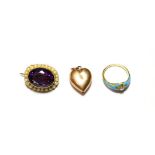 An amethyst and split pearl brooch, stamped '9CT'; a 9 carat gold heart shaped pendant; and an