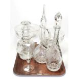 Three cut glass decanters, a Royal Brierley and Stuart pedestal bowl, and another pedestal bowl (