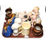 Assorted Heubach and other piano baby bisque figures, two seated bisque nodding dolls, two copper