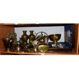 A selection of copper and brass ware including a Christmas 1914 box, pen stand, brass bell, brass