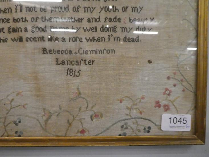 An 1815 sampler, by Rebecca Clemenson of Lancaster, together with a silk work picture of roses, - Image 5 of 10