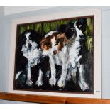 Lesley Heath (Contemporary) Waiting their turn at the sheep dog trials, initialled, oil on board,