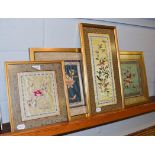 Four Oriental embroidered silk panels (framed)