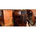 An Edwardian inlaid floor standing corner cupboard, two occasional tables, an inlaid mirror, a