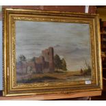 British school (20th century) Figures amongst a ruin, indistinctly signed, oil on board, 38cm by