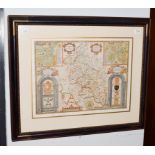 John Speed, Hand coloured map of Buckingham, mounted, framed and glazed