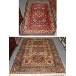 Caucasian design rug, the beige field with three hooked medallions enclosed by multiple borders,