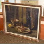 Ronald Allen, still life with a lemon and a bottle of wine, signed oil on canvas, 49.5cm by 60cm