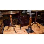 Two 19th century tripod tables (one a.f.) and a faceted burr walnut and mahogany pedestal, 66cm high