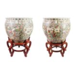 A Pair of Cantonese Porcelain Fish Bowls, 20th century, typically decorated with figures in