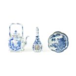 A Chinese Porcelain Wine Pot and Cover, Kangxi, of ogee rectangular form with overhead handle,