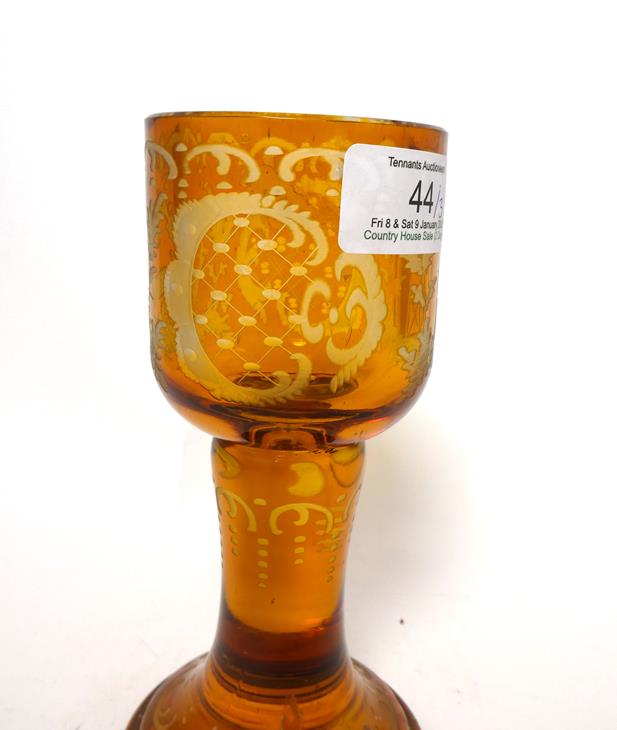 A Bohemian Amber Overlay Clear Glass Goblet Vase and Cover, mid 19th century, the panelled bowl - Image 3 of 29
