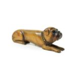 A Carved Wood Figure of a Recumbent Dog, possibly a taper holder, 19th century, naturalistically