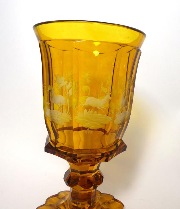 A Bohemian Amber Overlay Clear Glass Goblet Vase and Cover, mid 19th century, the panelled bowl - Image 25 of 29