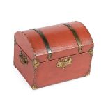 An Early 20th Century Painted Dome-Top Workbox, with brass strapwork and studded decoration, side