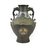 A Chinese Bronze and Cloisonné Enamel Vase, in Archaic style, of baluster form with elephant marks