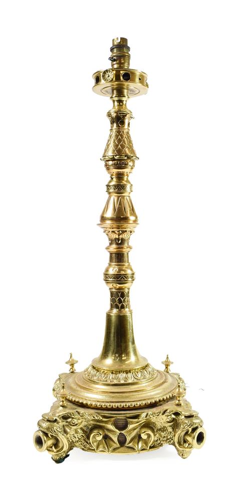 A Brass Gas Table Lamp, late 19th century, of knopped baluster form, on a circular base with four