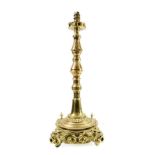 A Brass Gas Table Lamp, late 19th century, of knopped baluster form, on a circular base with four