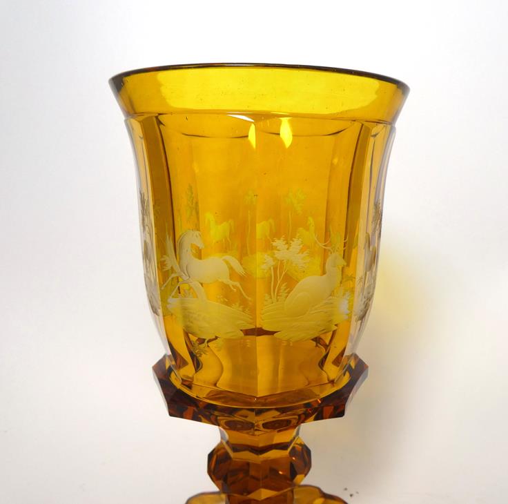 A Bohemian Amber Overlay Clear Glass Goblet Vase and Cover, mid 19th century, the panelled bowl - Image 24 of 29