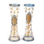 A Pair of Bohemian Blue Overlay Glass Vases, mid 19th century, of waisted cylindrical form, engraved