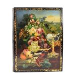 A Papier-Mâché Mounted Scrap Book, circa 1860, the cover painted with a still life of fruit and with