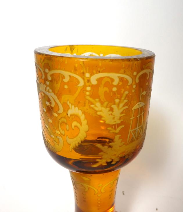 A Bohemian Amber Overlay Clear Glass Goblet Vase and Cover, mid 19th century, the panelled bowl - Image 12 of 29