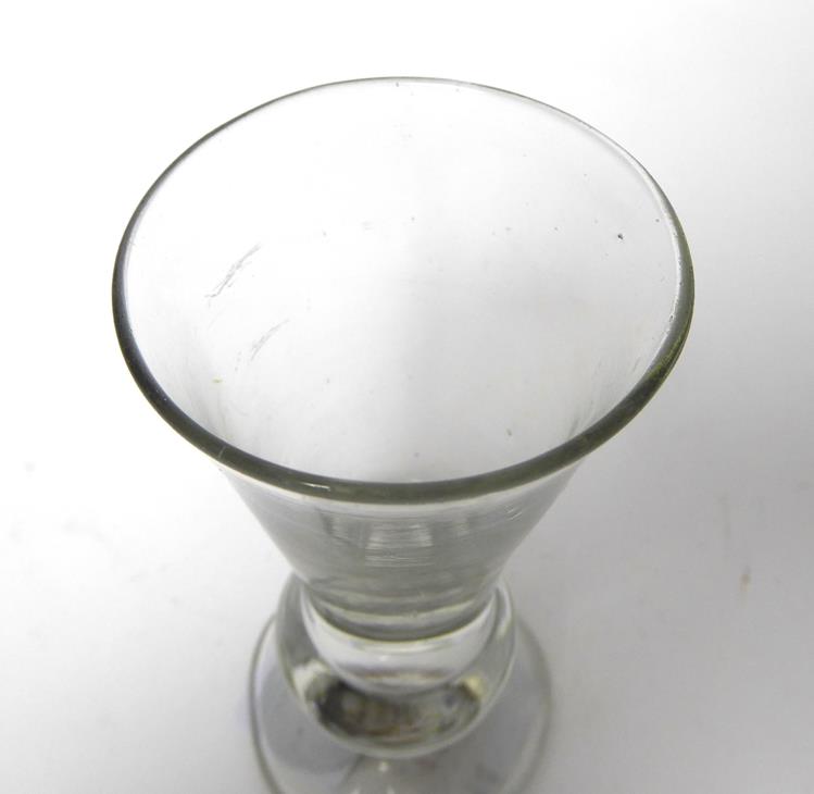 A Thistle Shaped Dram Glass, circa 1760, the conical bowl on a basal ball knop with air tear and - Image 6 of 6