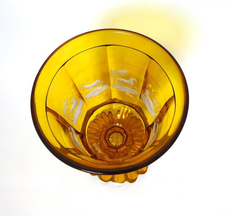 A Bohemian Amber Overlay Clear Glass Goblet Vase and Cover, mid 19th century, the panelled bowl - Image 22 of 29