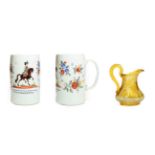 A Bohemian Milchglas Mug, circa 1780, painted with a gentleman on horseback flanked by flowersprays,
