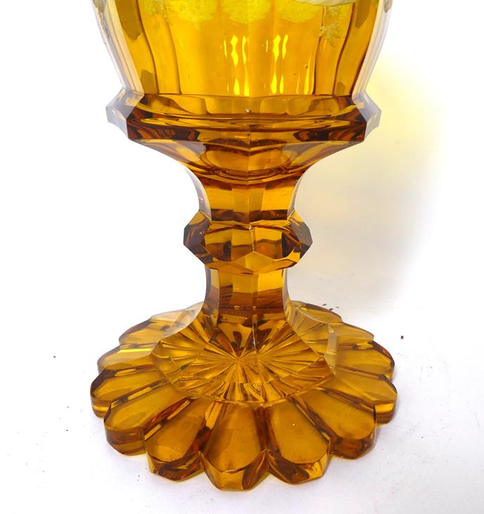 A Bohemian Amber Overlay Clear Glass Goblet Vase and Cover, mid 19th century, the panelled bowl - Image 27 of 29