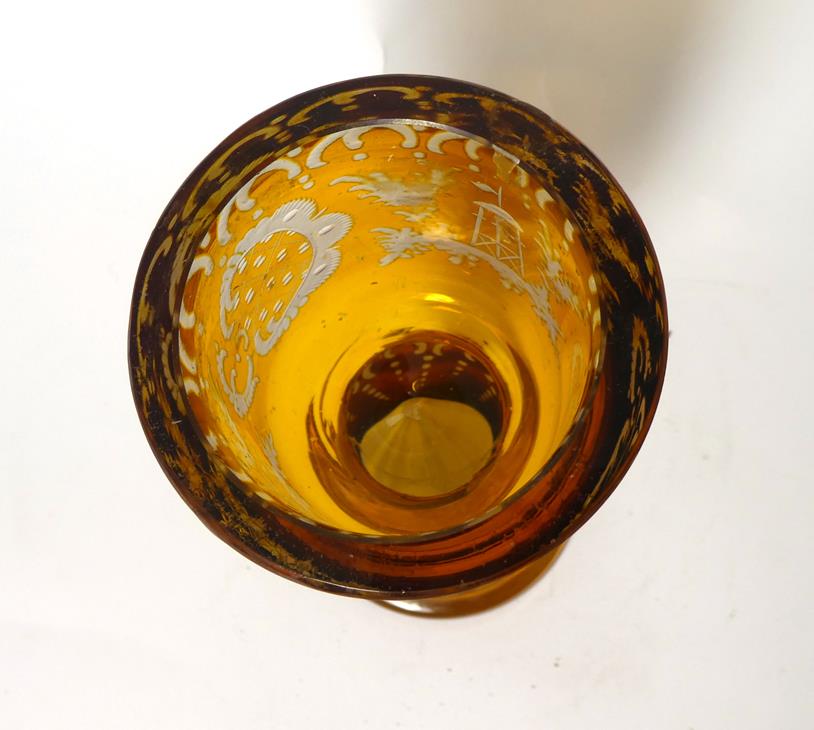 A Bohemian Amber Overlay Clear Glass Goblet Vase and Cover, mid 19th century, the panelled bowl - Image 10 of 29