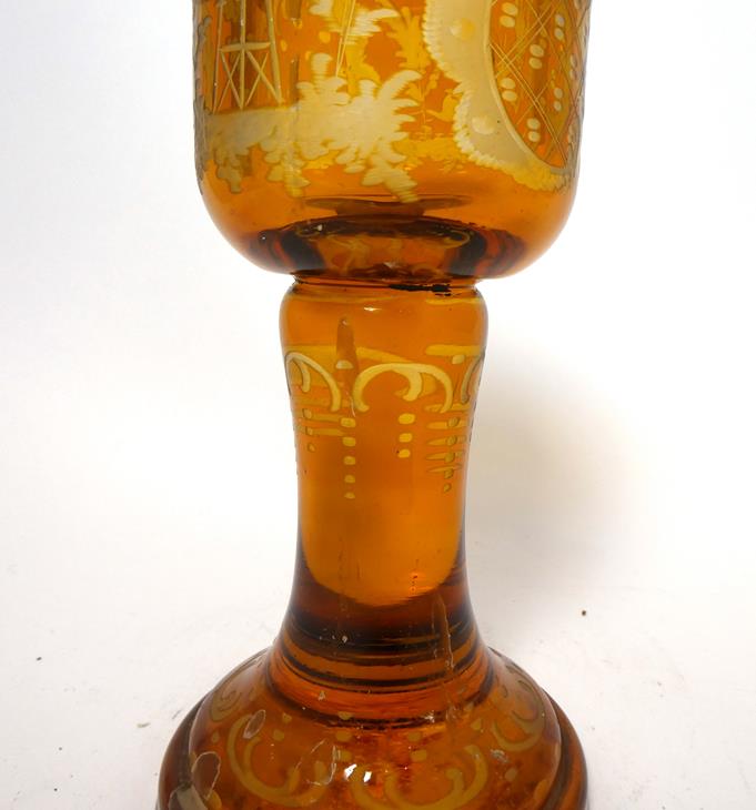 A Bohemian Amber Overlay Clear Glass Goblet Vase and Cover, mid 19th century, the panelled bowl - Image 6 of 29