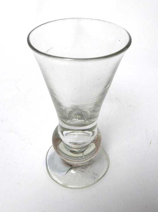 A Thistle Shaped Dram Glass, circa 1760, the conical bowl on a basal ball knop with air tear and - Image 4 of 6