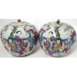 A Pair of Chinese Porcelain Jars and Covers, late 19th century, of ovoid form, painted in famille