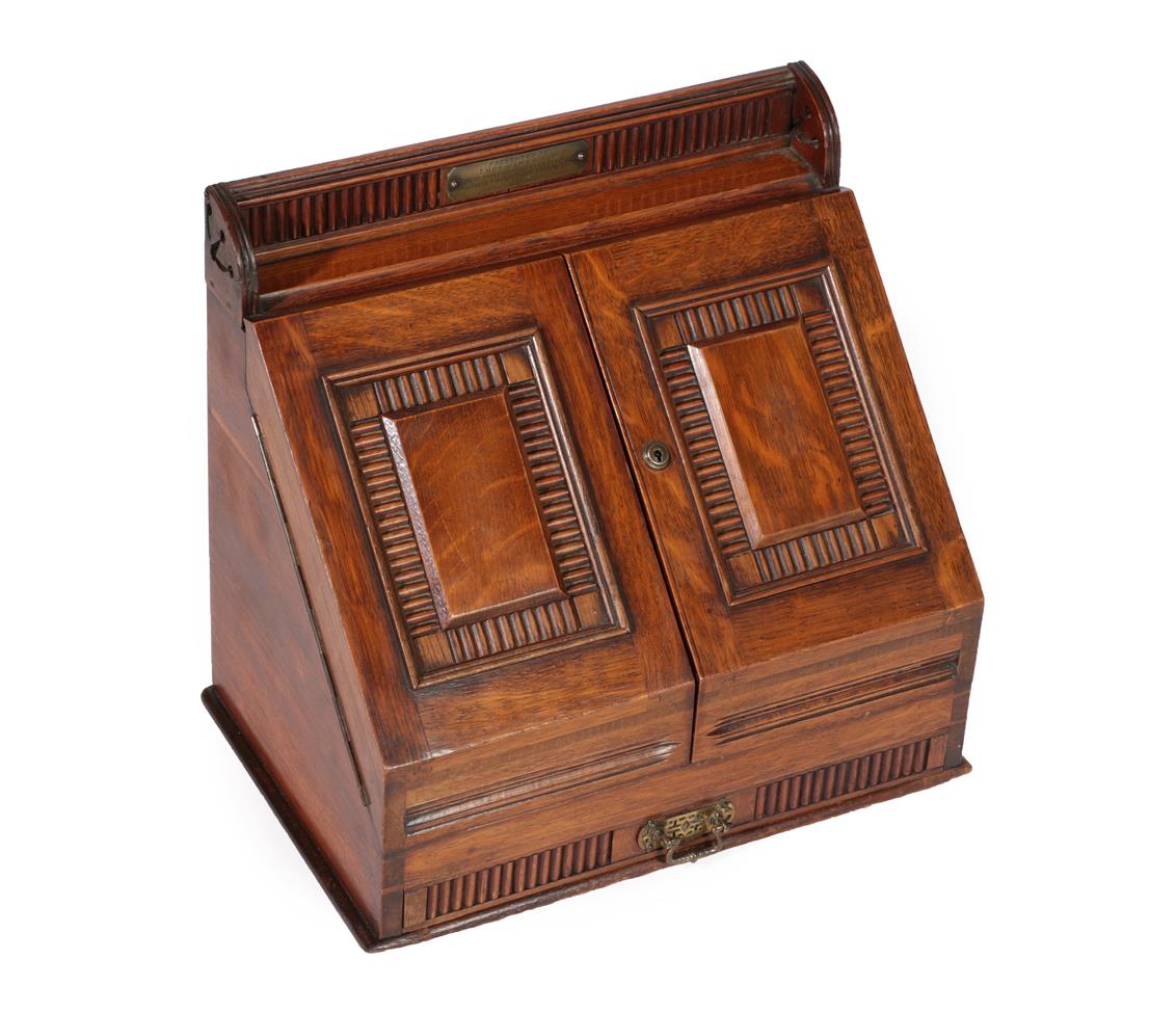 A Victorian Oak Correspondence Box, with presentation plaque dated May 30th 1891, the moulded