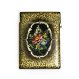 A Papier-Mâché Card Case, circa 1860, of rectangular form, painted with flowersprays within a gilt