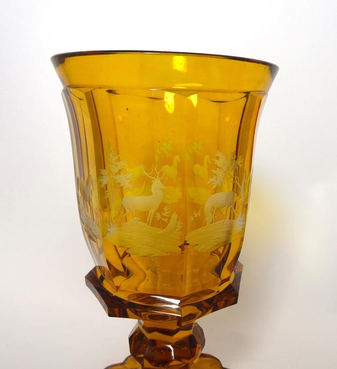 A Bohemian Amber Overlay Clear Glass Goblet Vase and Cover, mid 19th century, the panelled bowl - Image 23 of 29