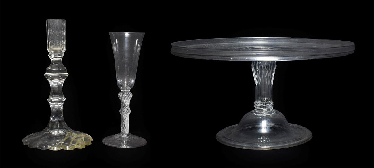 A Glass Tazza, circa 1770, of circular form with moulded gallery on a panelled baluster stem and