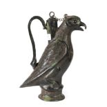 A Chinese Bronze Ritual Wine Vessel, in Archaic style, modelled as hawk with incised feathers and