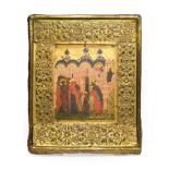 An Icon, probably Russian, 19th century, painted and gilt with the Holy Family and other figures