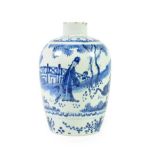 A Dutch Delft Jar, early 18th century, of baluster form, painted in blue with Chinese figures in a