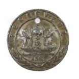 Leith, a beggar's badge, of circular form, cast with the Holy Family in a sailing ship over 1563,