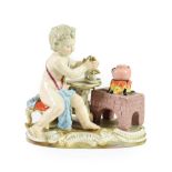 A Meissen Porcelain Figure of a Cherub, late 19th/20th century, sitting at a tripod table with